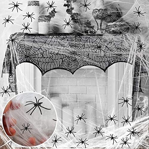 BANDQ Lot de 64 décorations d'Halloween, en dentelle noire, avec 60 g de Web Spider blanc et 62 araignées, pour décoration de table d'Halloween, à la maison et au jardin Cover