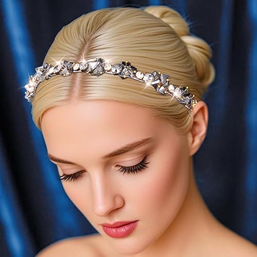Miniatura 5 de Urieo Diadema con diamantes de imitación, banda fina de cristal para el cabello, accesorio diario para el cabello de boda para mujeres y niñas (gris)