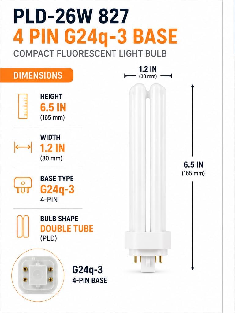 Circle (10 Pack PLD-26W 827, 4 Pin G24q-3, 26 Watt Double Tube, Compact Fluorescent Light Bulb, Replaces Sylvania 20684 CF26DD/E/827. Philips 383349 PL-C 26W/27/4P/ALTO