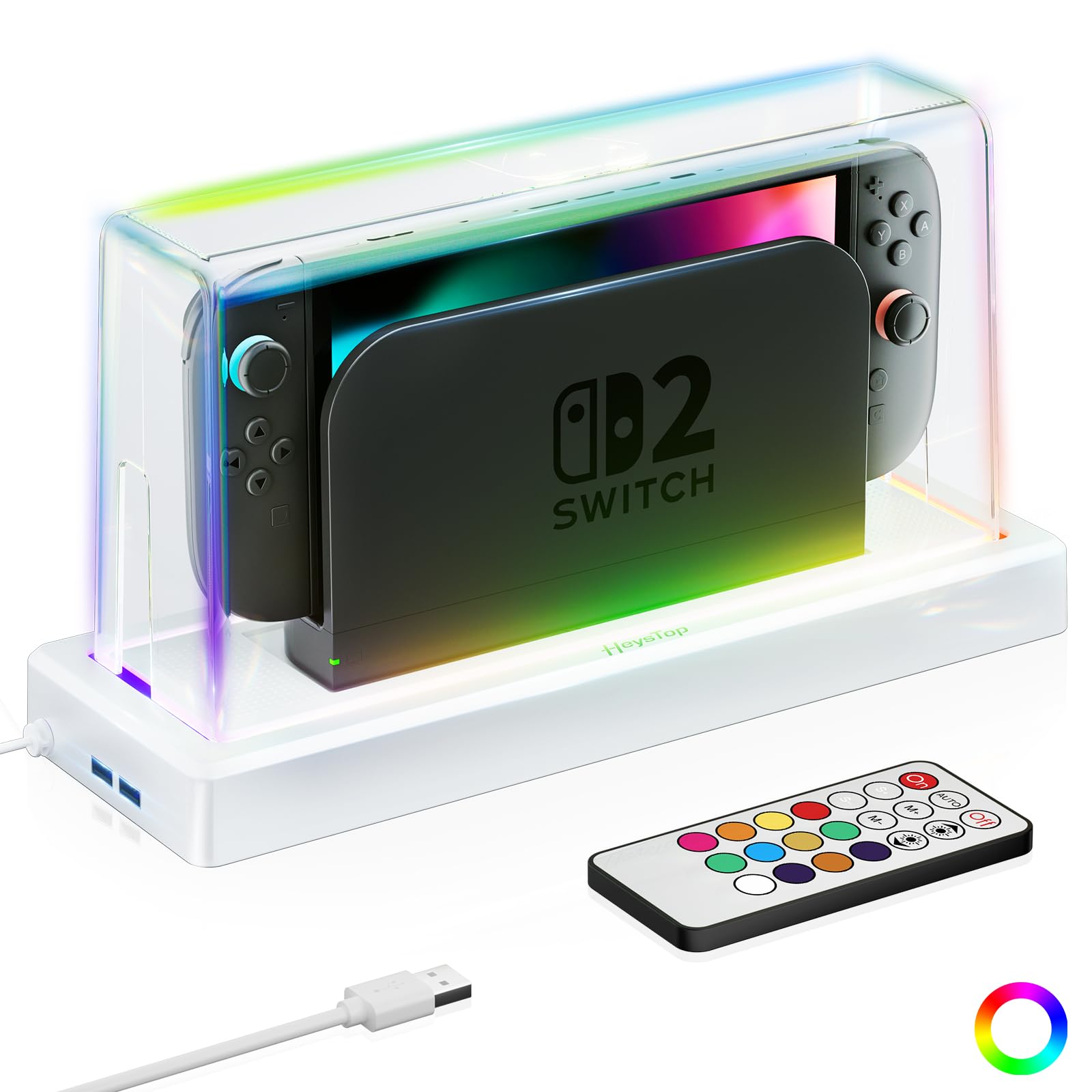 HEYSTOP Switch 2 Dust Cover with 12 LED Colors Light Base Compatible with Nintendo Switch 2, Acrylic Display Case Anti-Scratch Waterproof Dock Cover for Nintendo Switch 2