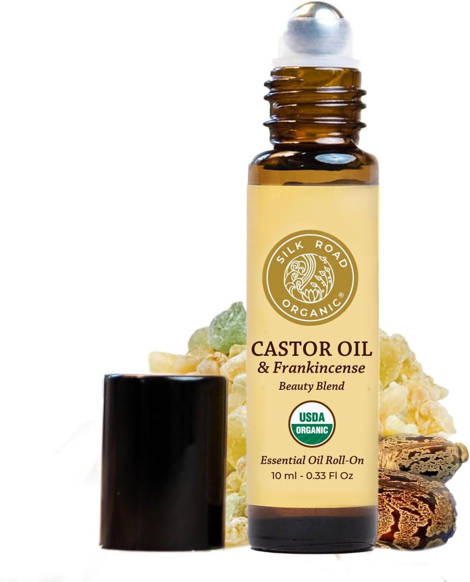 Silk Road Organic Castor Oil & Frankincense Essential Oil Anti-Aging Roll On, 100% Pure USDA Certified Aromatherapy for Wrinkles, Dark Circles, Puffy Eyes – 10ml Roller