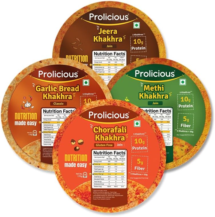 Prolicious High Protein & High Fiber Khakhra Combo | No Maida | No Palm Oil | Natural Protein | Plant Based (170 grams each, Pack of 4)