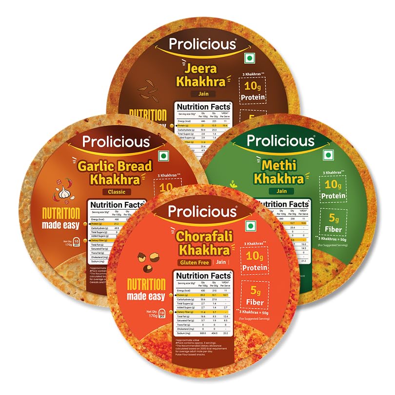 Prolicious High Protein & High Fiber Khakhra Combo | No Maida | No Palm Oil | Natural Protein | Plant Based (170 grams each, Pack of 4)