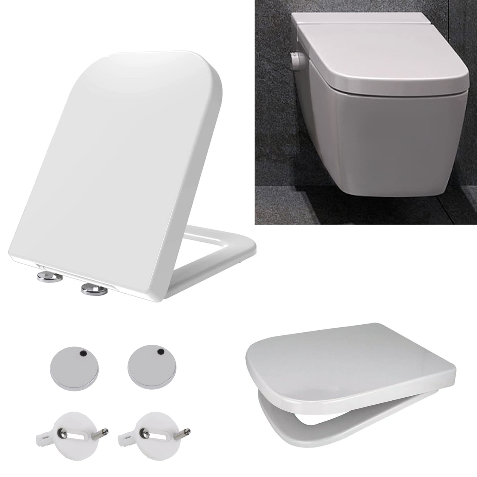 Toilet Seat Soft Close White Square, Soft Close Toilet Seat, Simple Top Fixing, Quick-Release Toilet Seat for Easy Clean, Loo Toilet Seat Standard Toilet Seats with Adjustable Hinges (440mm x 360mm)