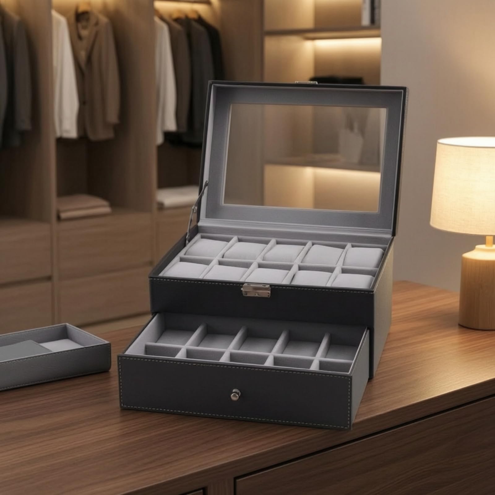 Organizador Relojes 20 Compartimentos Caja Relojes con Cajón Suave Reloj para Cómoda