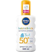 NIVEA SUN Spray Kids Sensitive Protect & Play FP 50+ 200 ml, Crema solare bambini e neonati dai 6 mesi in su, Crema solare 50+ in pratico flacone in spray