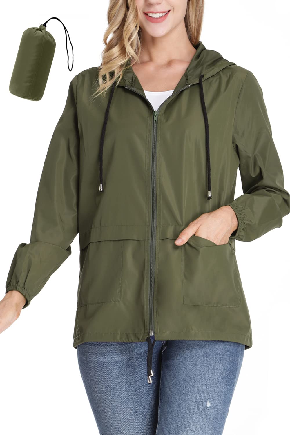 Dakiwin Women's Windbreaker Waterproof Rain Jackets Packable Hooded Outdoor lightweight Raincoat