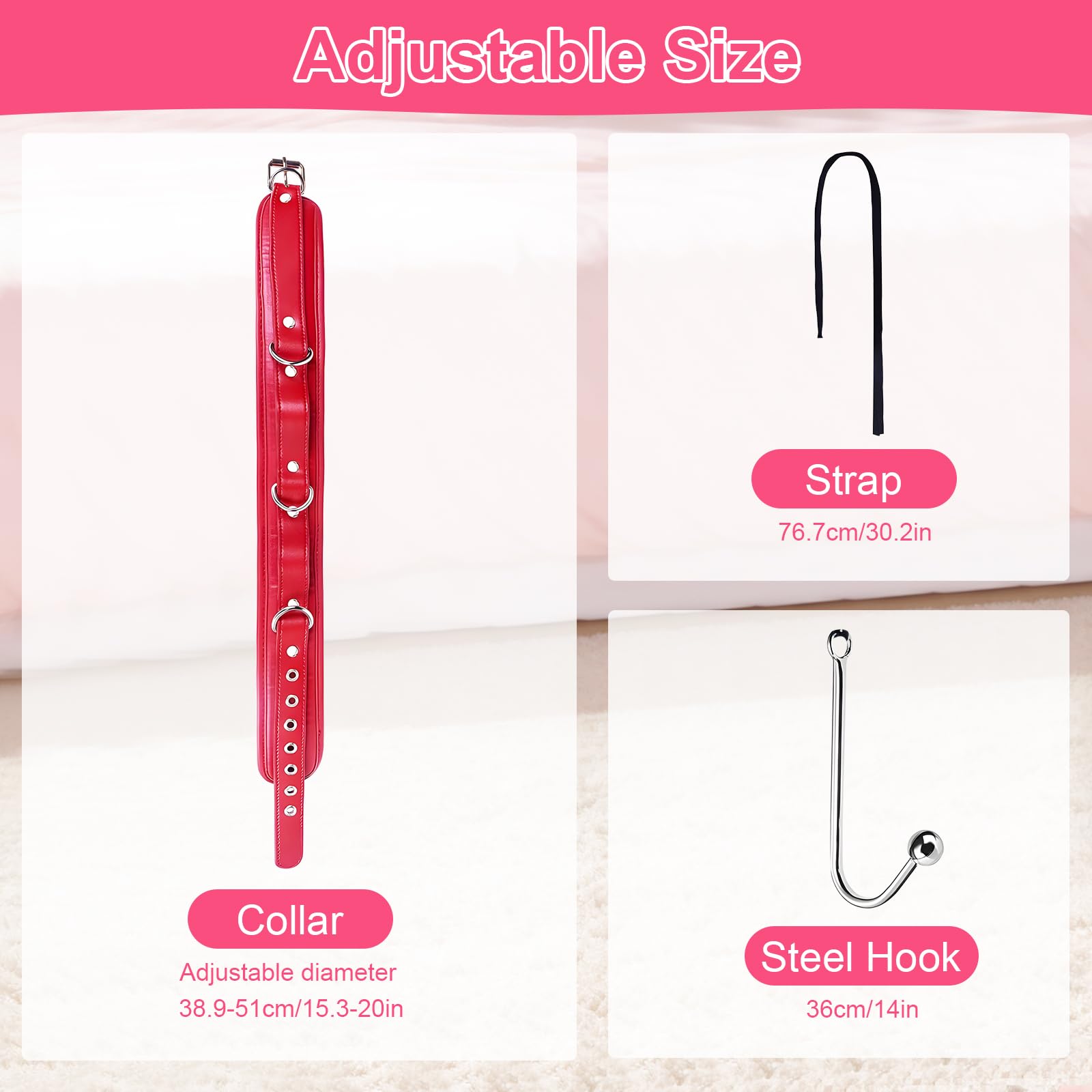 Qoosea Kit de Connexion avec Collier en Cuir et Crochet Anal en Acier Inoxydable, Ensemble Réglable pour Adulte, Emballage Discret