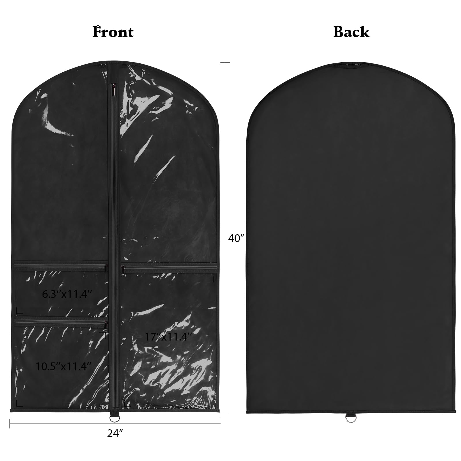 Univivi Dance Costume Bags Garment Bag 40 Inch Hanging Clothes for Dance Competitions, with 3 Medium Clear Zipper Pockets for Dance Costumes, Closet Storage (Black) - 4 Pack