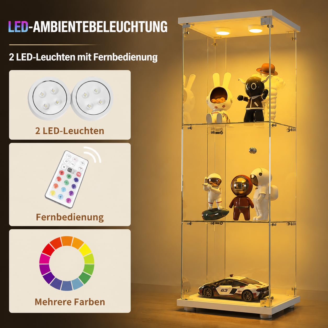 Vitrina de cristal con iluminación LED y puerta con cerradura