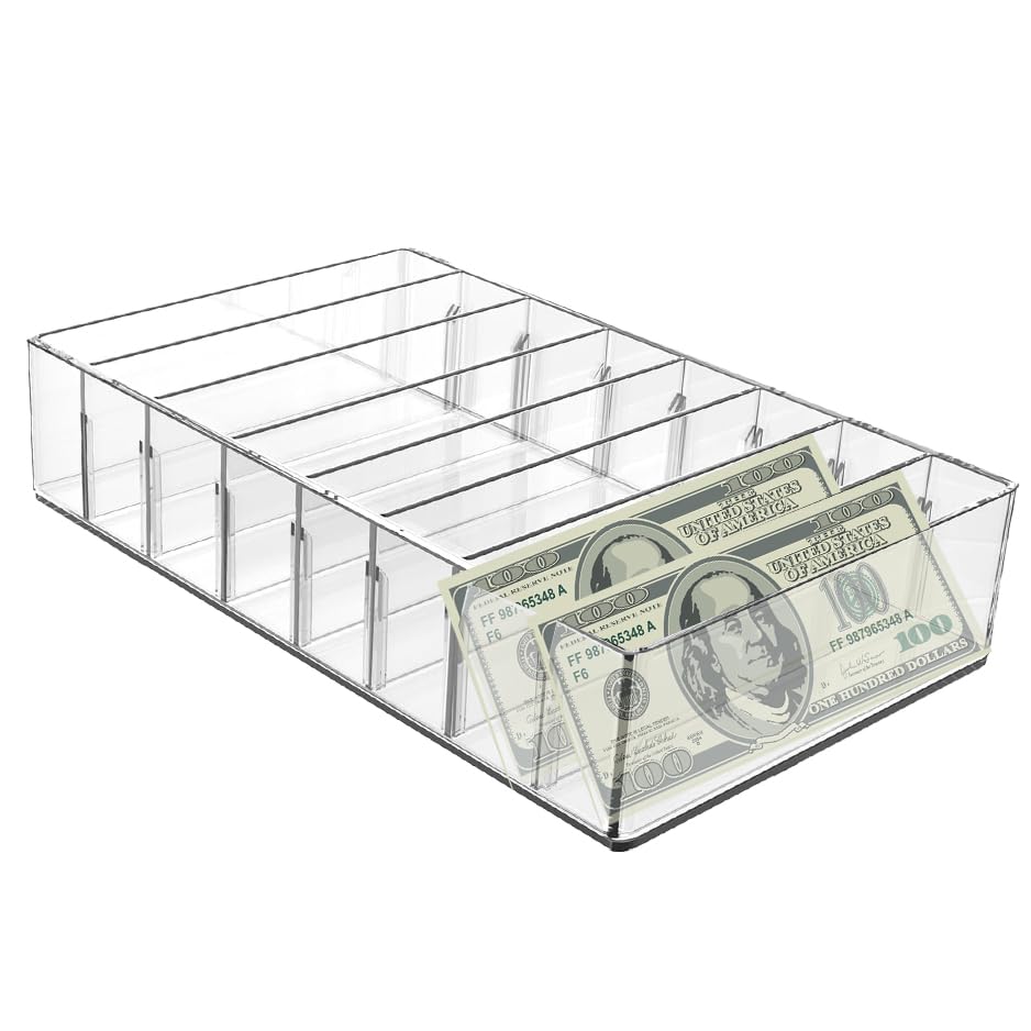 Acrylic Cash Organizer,Large Clear Money Budget Tray 8 Sections,Plastic Divider Bill Storage Holder for Money Budget Envelopes