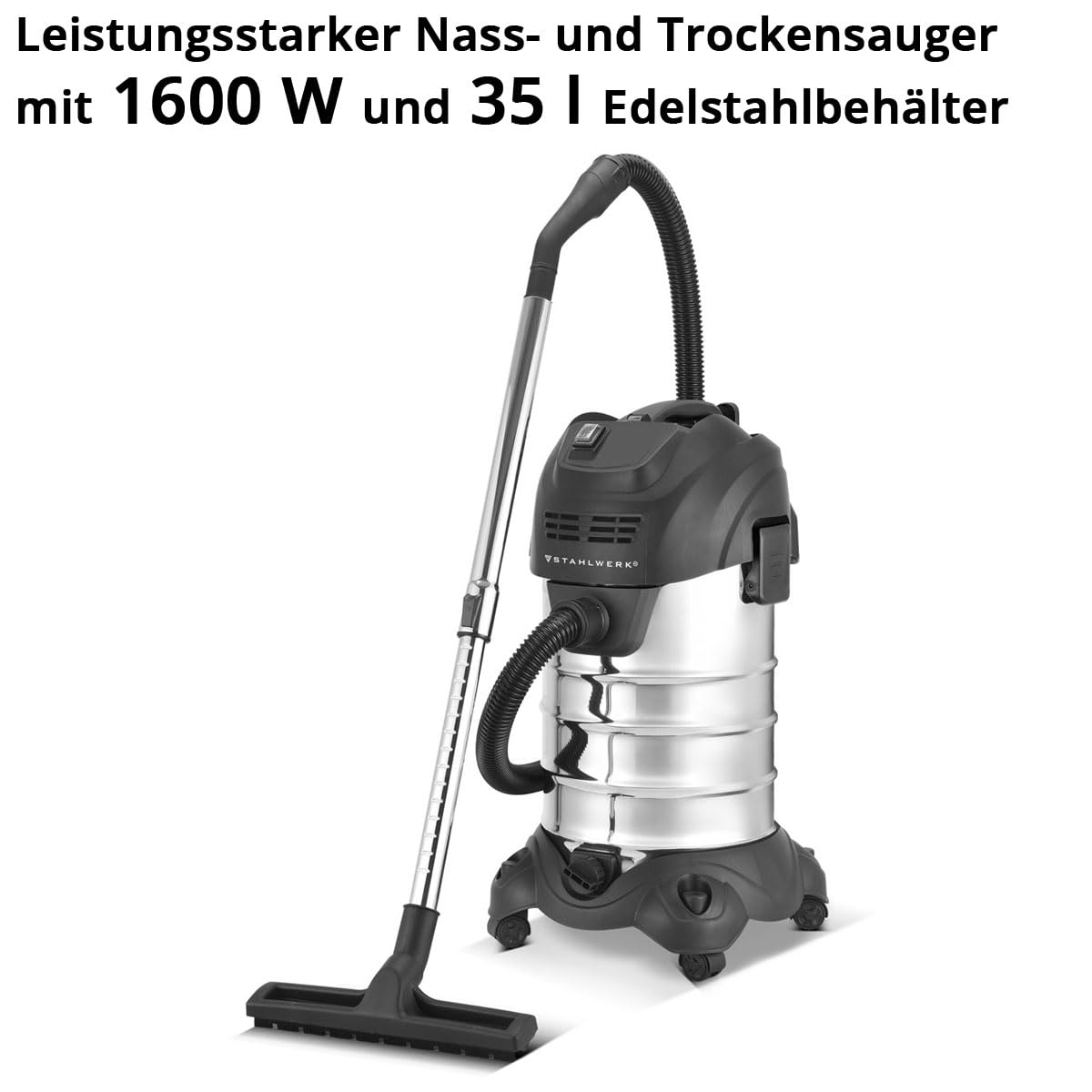STAHLWERK Aspirador Agua y Polvo VCL-1600 ST - Aspirador industrial de 1600 W con tanque de acero inoxidable de 35 L, función de soplado, parada de seguridad y amplia gama de accesorios, aspirar