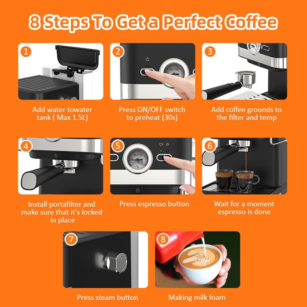 Aeomjk Electric Coffee Machine with Milk Frothing System 20Bar Mini Coffee Maker with Portafilter and Visual Single and Double Serve 1.6Qt Water Tank for Latte Espresso Cappuccino