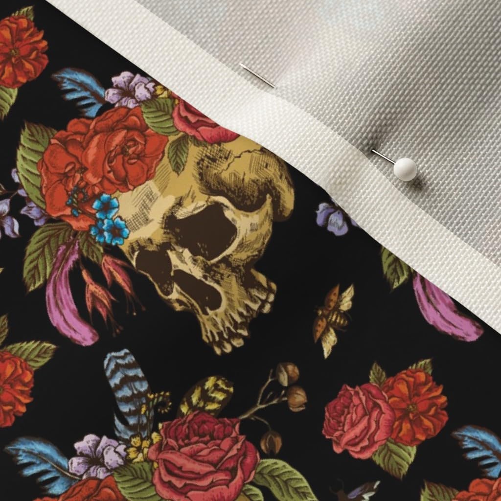Spoonflower Fabric - Skulls Flowers Roses Moths De Day Dead Printed on Upholstery Velvet Fabric Fat Quarter - Upholstery Home Decor Bottomweight Apparel