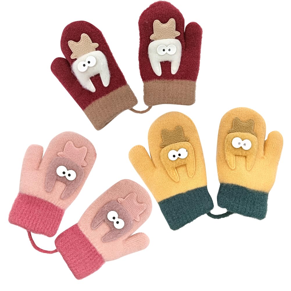 Yupdfgb Unisex Kids White 3 Pairs Winter Knitted Mittens, Kids Mittens On String, Thick Knitted Glovestoddler, Warm Fluffy Full Finger Gloves Cold Weather Ski Gloves For 0-3 Y