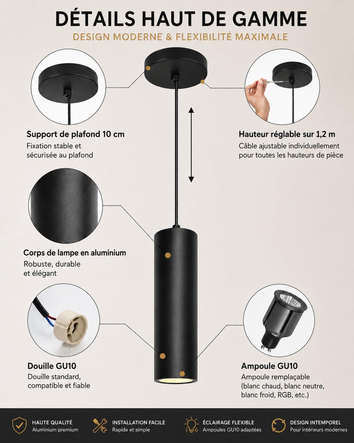 ACMHNC Suspension luminaire GU10, luminaire suspendu Noir pour Cuisine | 10W 3000/4000/6000 K, Aluminium, Hauteur Réglable 120cm, Pour Chambre ou Comptoir, Ø6 x 30 cm
