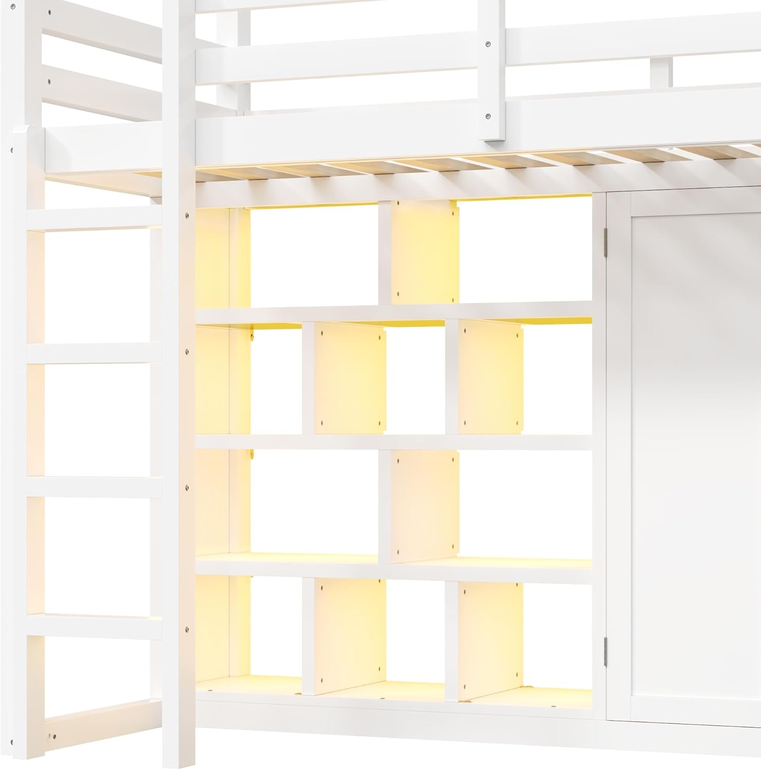 Twin House Loft Bed with Slide and Storage Shelves,Wardrobe and LED RGB Lights, Solid Wood Playhouse Loft Bed with Storage Shelves Bookcase,Wardrobe, LED, Slide and Ladders