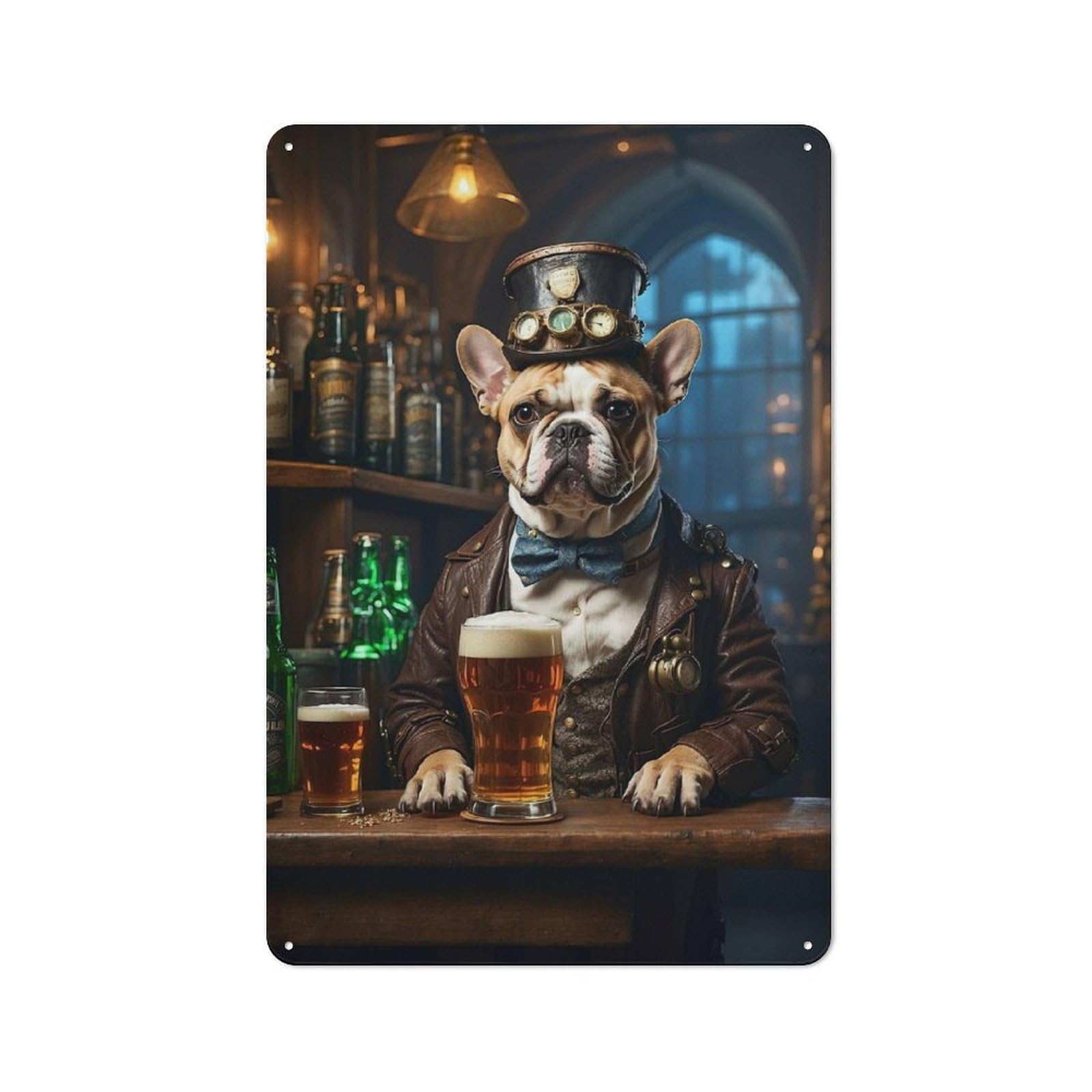 Junmoney French Bulldog Beer Hound Vintage Metal Sign 30X20cm, Cafe Style Restaurant Wall Art For Takeaway, Bar, Kitchen Or Counter Area