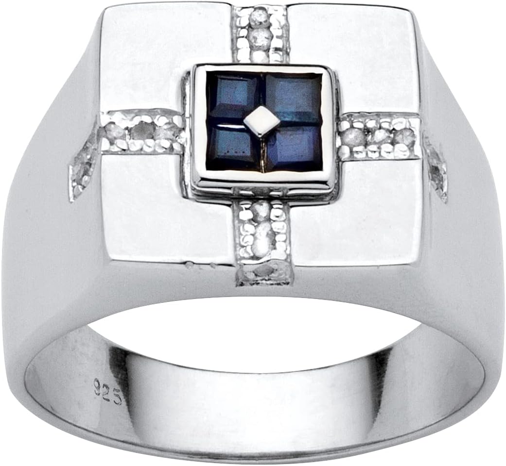 PalmBeach Men's Sterling Silver Square Genuine Blue Sapphire and Diamond Accent Ring Sizes 8-16