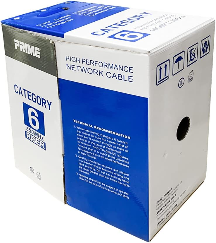 1000ft Cat.6 UTP 23AWG Solid CMR Bulk Cable Blue, UL Listed, 1 Pack