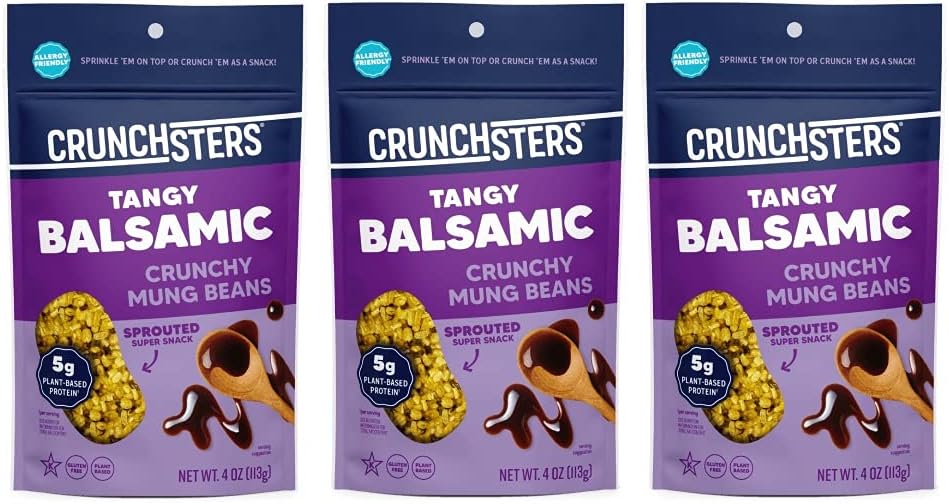 Crunchsters Sprouted Mung Beans, Plant-Based Protein Super-Snack and Salad Topper, Gluten-Free, Nut-Free, Vegan, 5g Protein/Serving, 4oz. Bags, Tangy Balsamic, 3-Pack