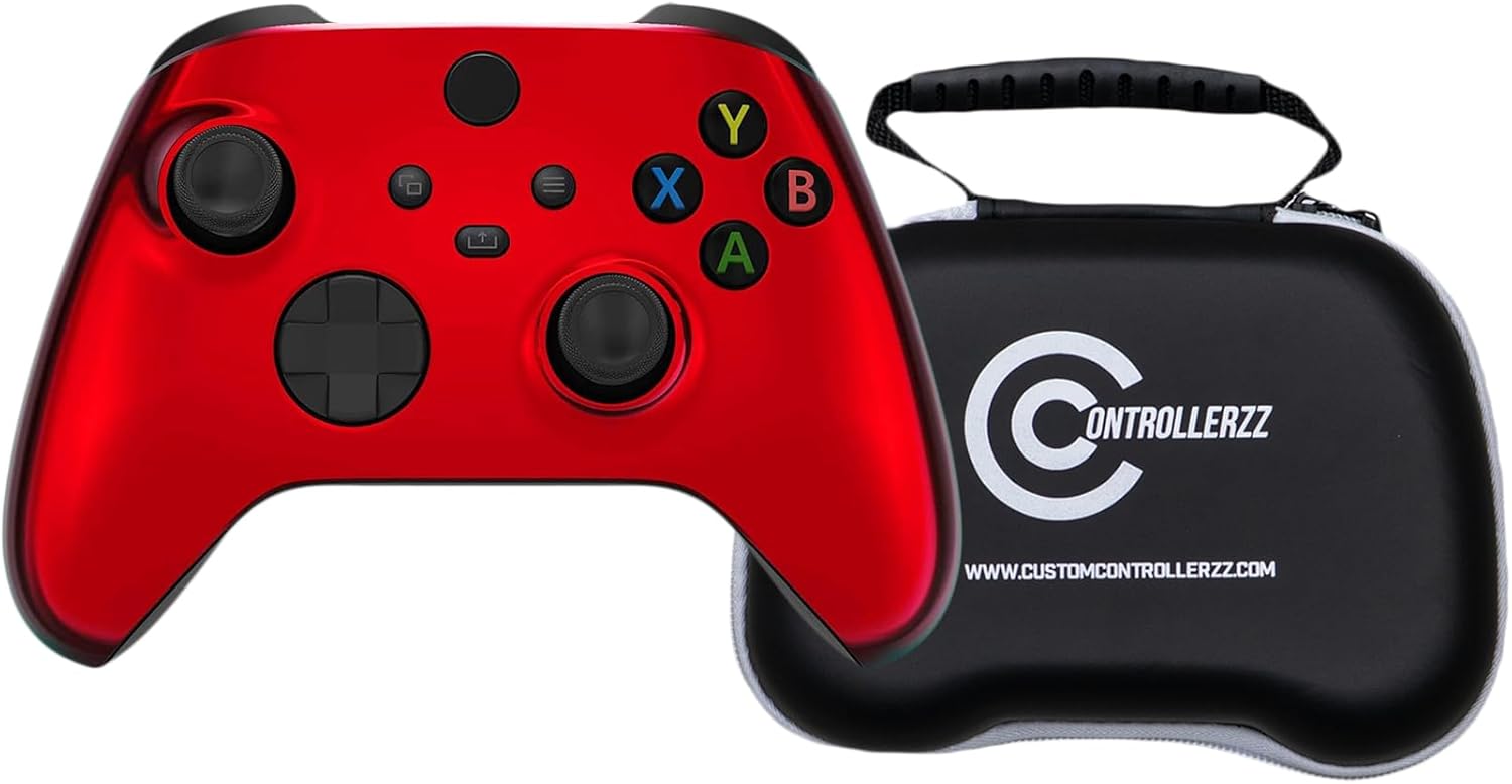 Custom Controllerzz Red Chrome Controller & Case Bundle – Includes Red Chrome Custom Wireless Controller for Xbox Series X/S, Xbox One, PC & Universal Protective Travel Case