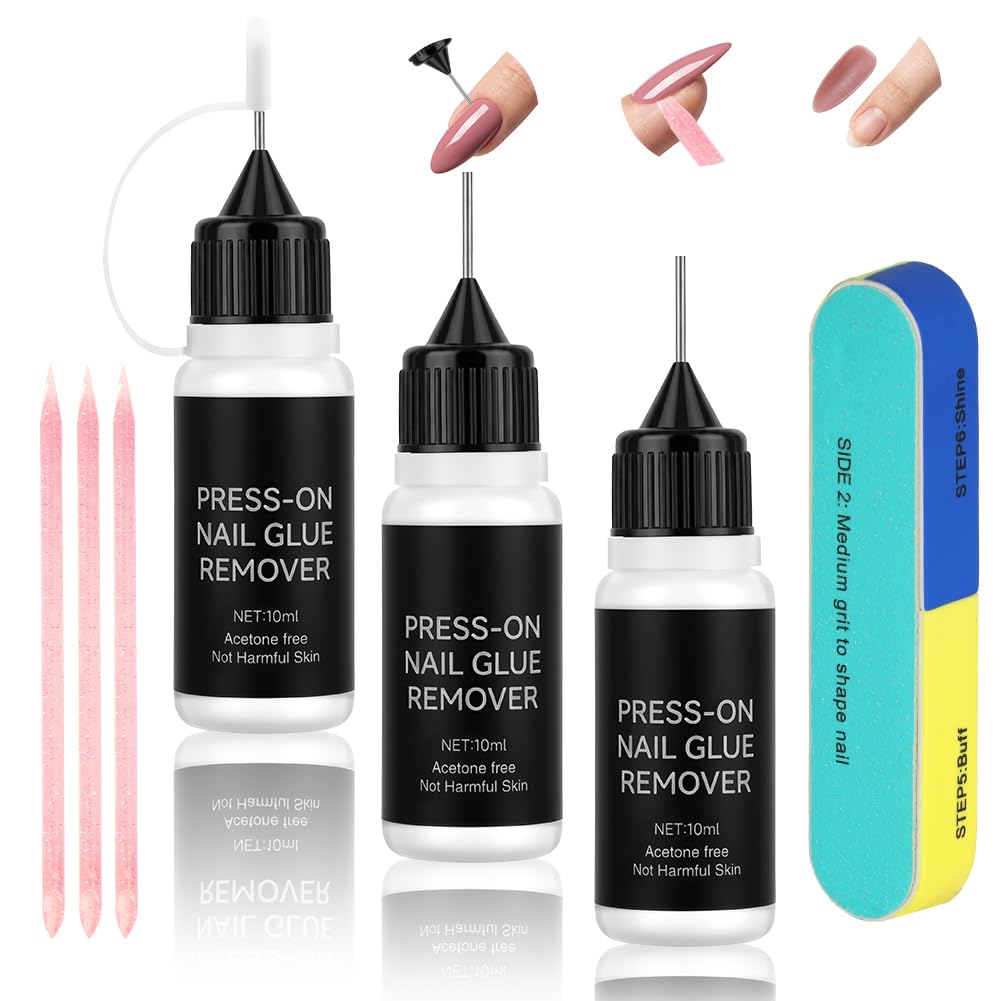 Zestaw do usuwania kleju do paznokci, 3 x 10 ml, z pilnikiem do paznokci, łatwe i szybkie usuwanie lakieru żelowego, do paznokci Press-On i sztucznych paznokci
