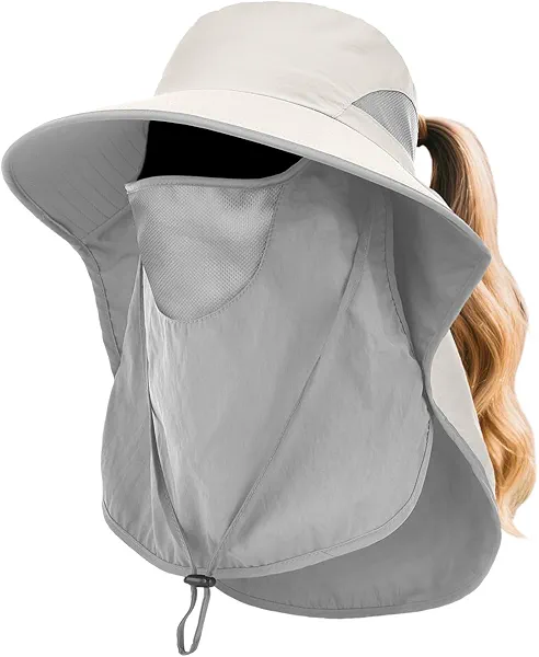 Womens Sun Hat Wide Brim UPF50+ Outdoor Sun Protection Ladies Fishing Hat with Neck Flap Detachable Face Cover (US, Alpha, One Size, Beige)