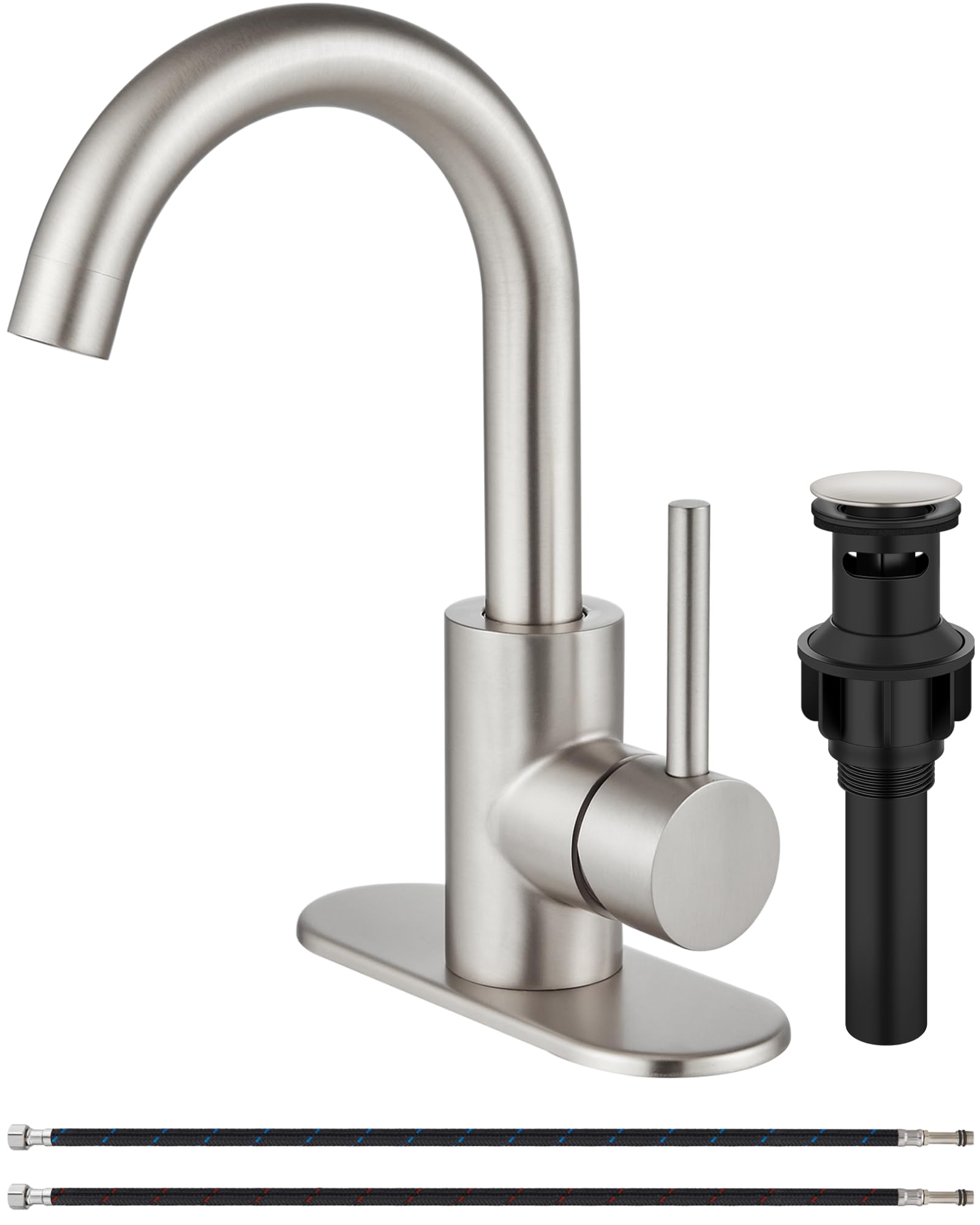 Midanya Single Hole Bathroom Faucet 1 Hole Bar Sink Faucet Suitable for Kitchen RV Vanity,304 Stainless Steel 360° Swivel Spout with Deck Plate and Pop-up Drain,Brushed Nickel