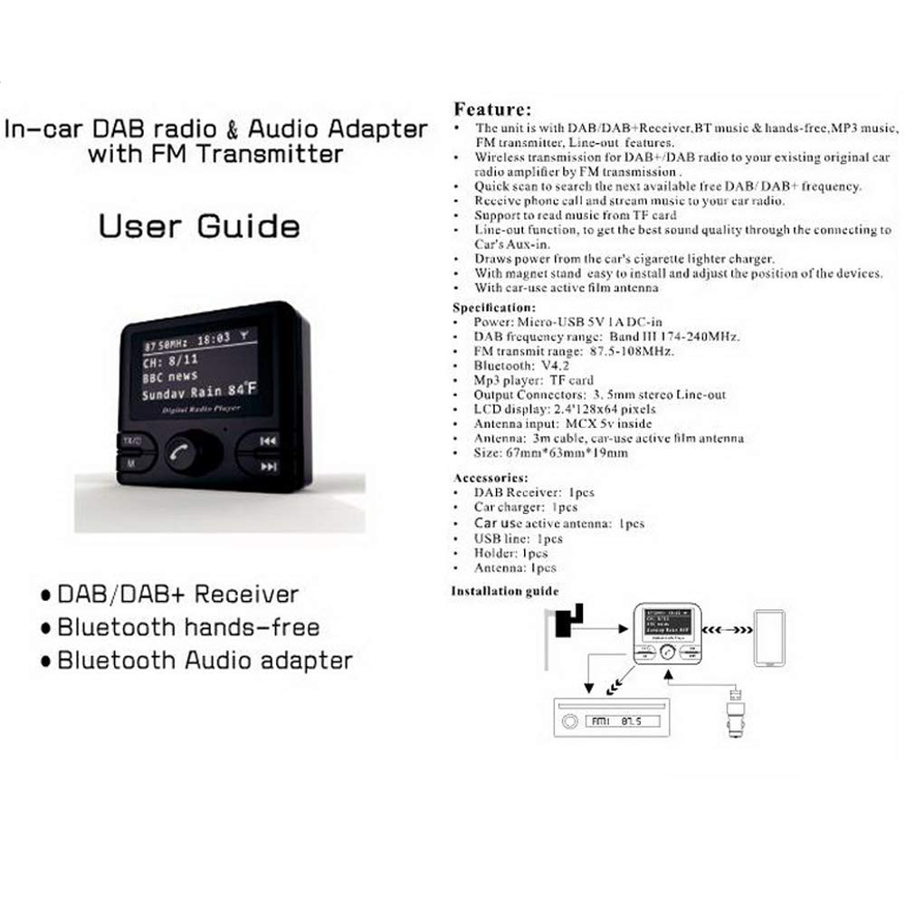 PolarLander Dab Récepteur Bluetooth Kit de Voiture Lecteur de Musique Transmetteur FM 2.1A Double Chargeur de Voiture USB Support TF Carte