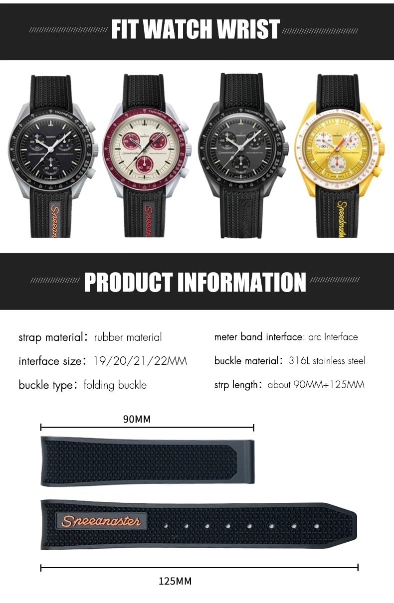 XMKT Pasek do zegarka 19 mm, 21 mm, 20 mm, miękki silikon, pasuje do Omega Speedmaster 326, pasek do zegarka Seamaster 300, czarny, narzędzia sportowe