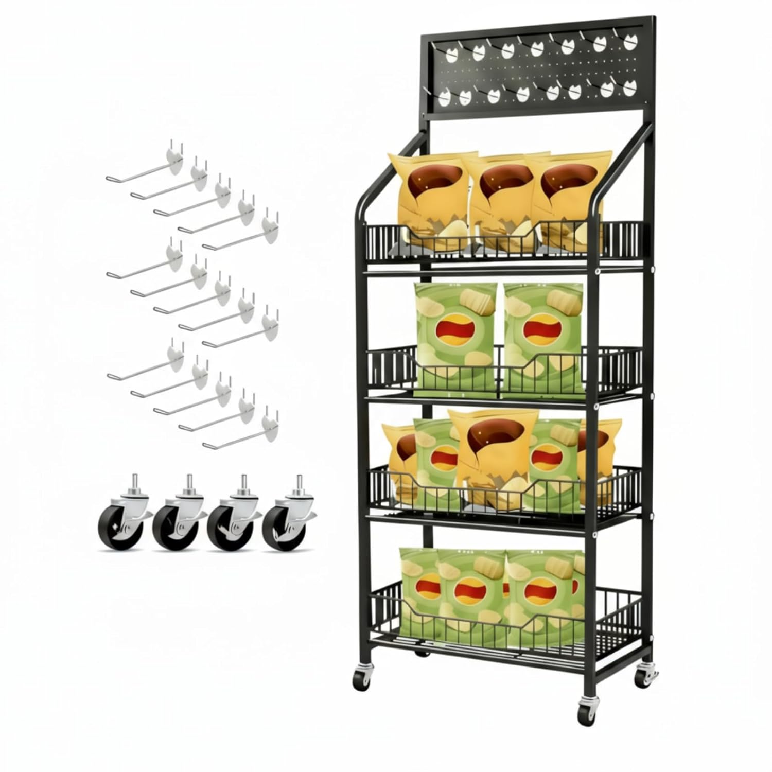 1 Set 4 Tier Retail Display Rack Shelf Cart with Wheels and 15 Hook Heavy-Duty Metal Snack Potato Chip Display Organizer Concession Stand for Supermarket Grocery Store Home Black 1 4 Tier 15 Hooks