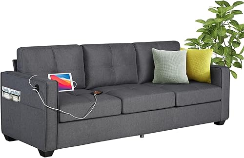 TYBOATLE Sofá moderno de 3 plazas de 88 pulgadas de ancho, sofá profundo de tela de lino con 2 puertos de carga USB y cojines tapizados, cómodos