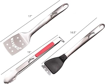 Jim Beam 3 Piece Grill Tool Set - Spatula, Tongs, and Grill Brush/Scraper Stainless Steel with Soft Grip Handle