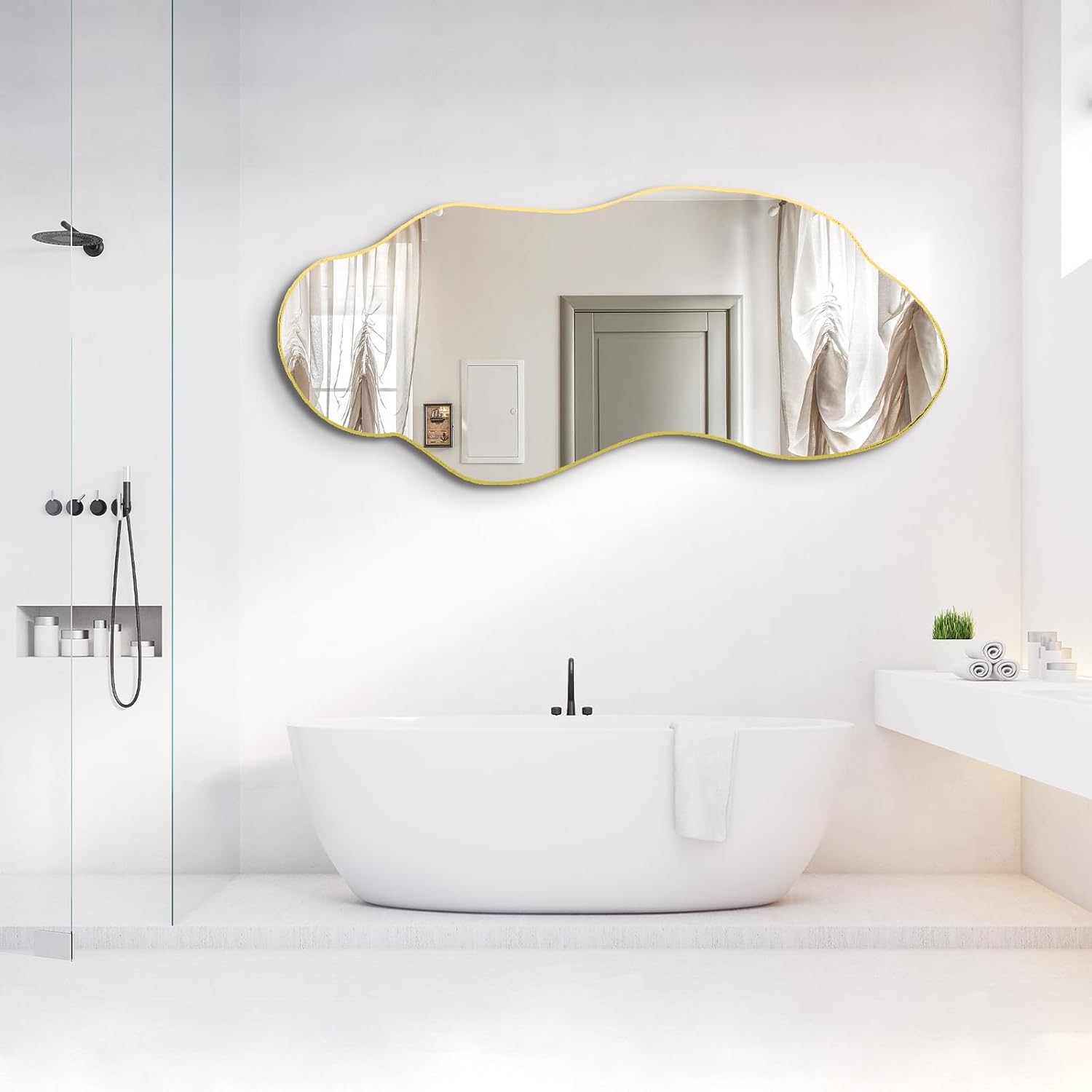 Large Irregular Mirror, 63"x27.2" Asymmetrical Full Length Mirrors with Gold Metal Frame, Modern Abstract Wall Mirrors for Living Room Bathroom Bedroom Hallway Entryway Fireplace