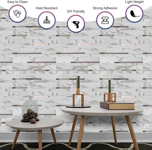 Miniatura 5 de 10 hojas de azulejos de pared de PVC para despegar y pegar, 8.8 x 10.9 pulgadas, para cocina, baño, lavandería, cámper, chimenea (metal espejo