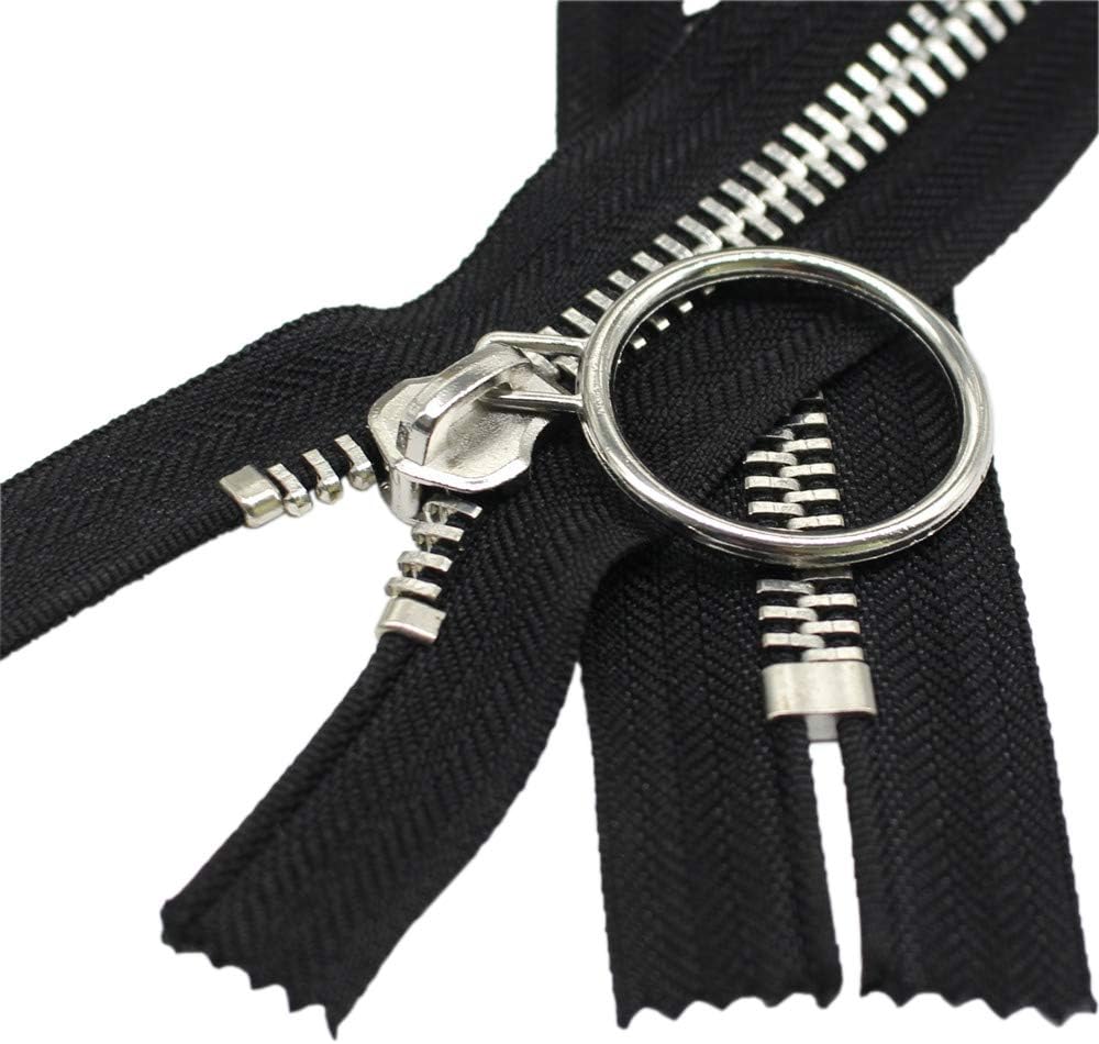 Meillia #10 40CM Large Shiny Nickel Metal Zippers Closed-end Black Heavy Duty Metal Zipper with Big Ring Pulls for Sewing, Bags, Handbags, Crafts, Decorating (Silver)