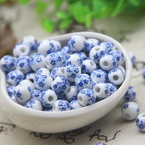 Miniatura 8 de homeemoh 100 cuentas de porcelana de 0.315in (0.315in), cuentas de porcelana redondas chinas, cuentas de porcelana azul y blanca con agujero de