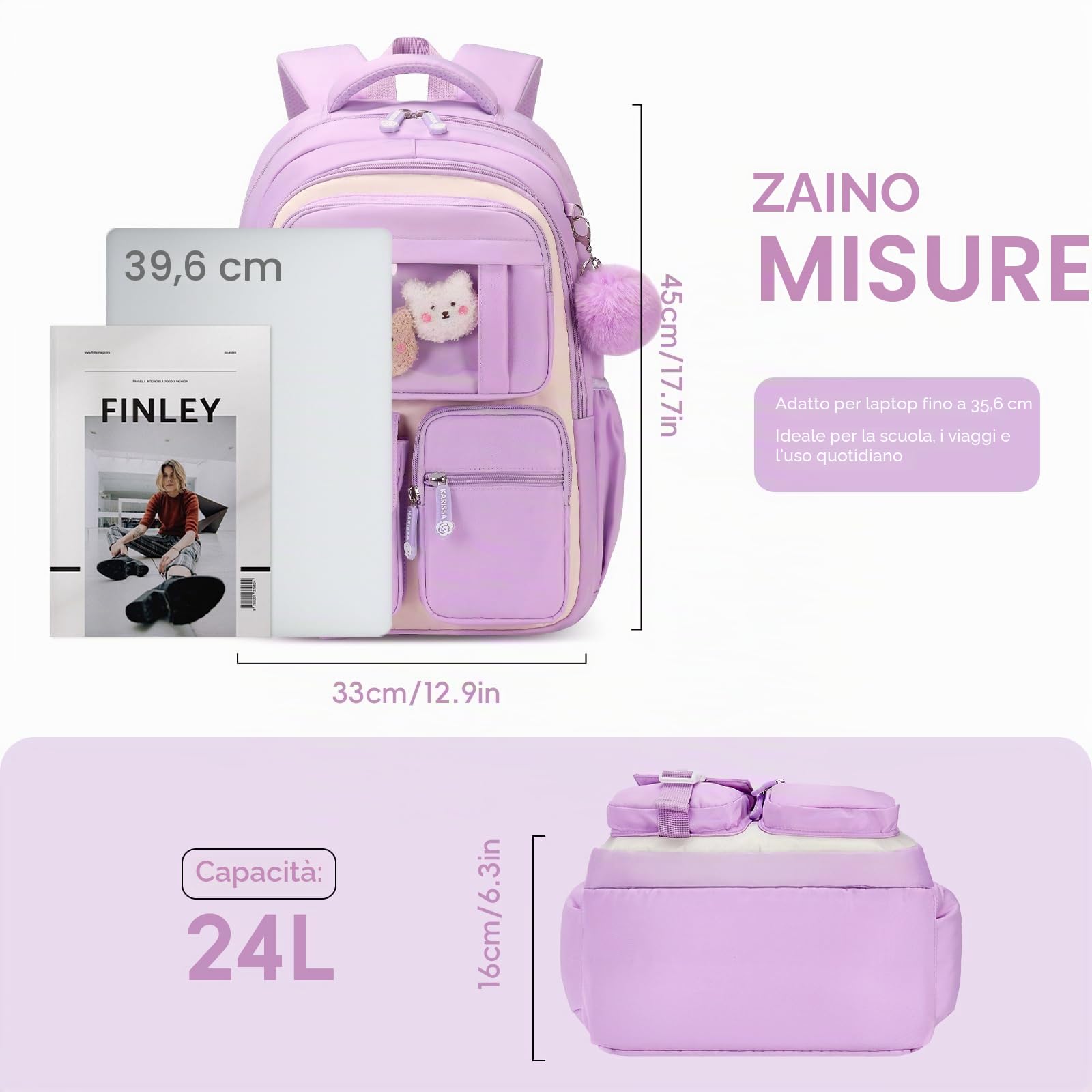 Amythe Zaino Scuola Elementare Bambina Traspirante, 7-12 anni | Zaini per Bambini dalla Prima alla Quinta Elementari, Zaino Ragazza in Nylon Impermeabile con Ciondolo, Viola