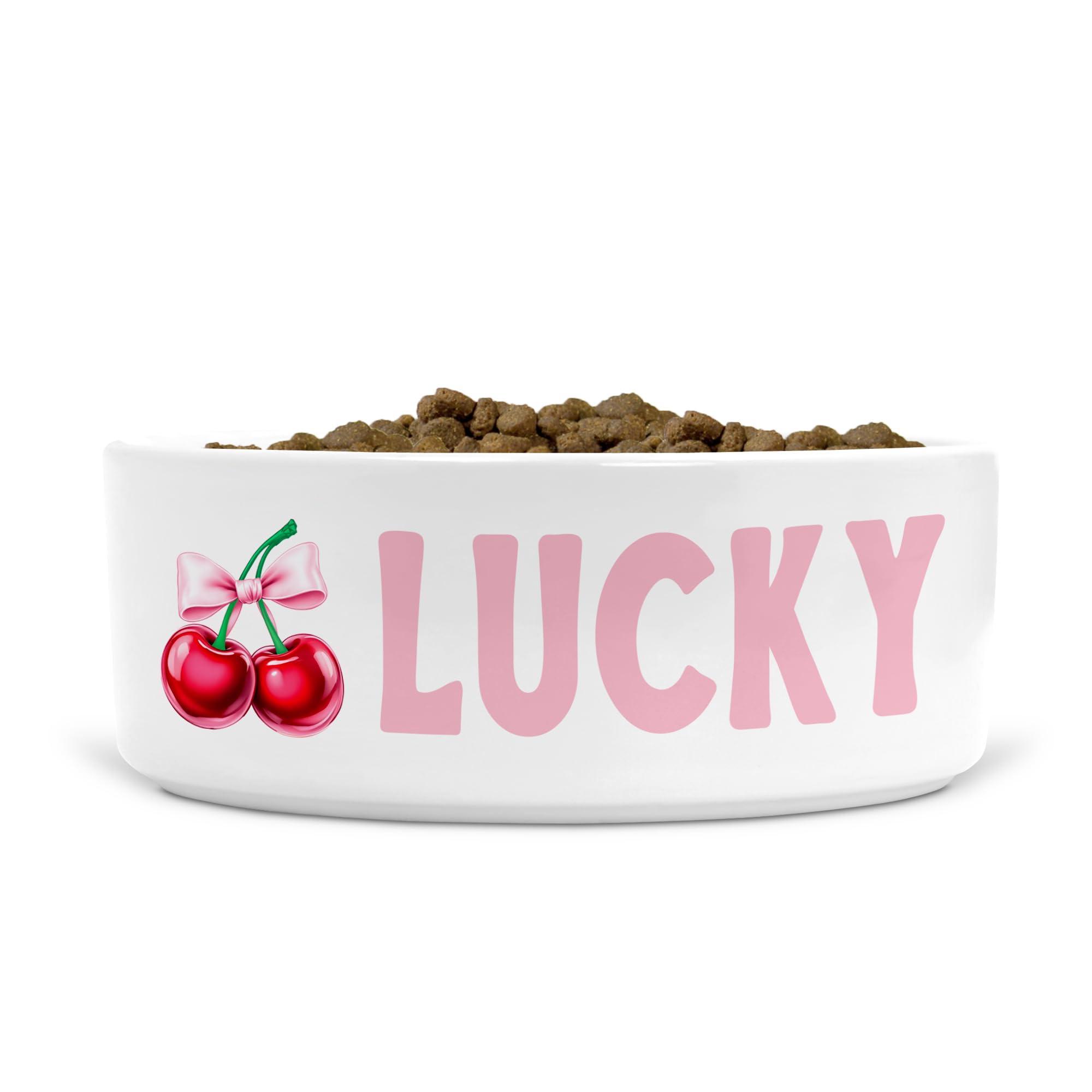 Personalised Ceramic Dog Bowl for Food/Water, Size Small-Medium (Cherries with Bow, Text Style LV) — image 1