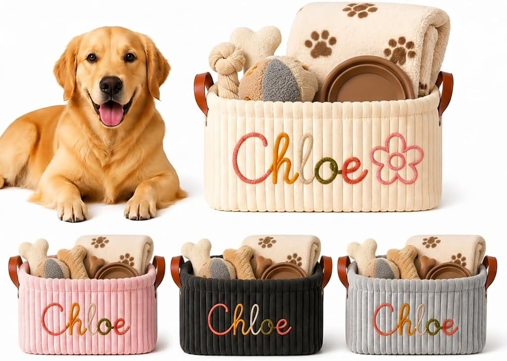 Personalized Large Dog Toy Basket, Corduroy Dog Toy Bin Storage with Name