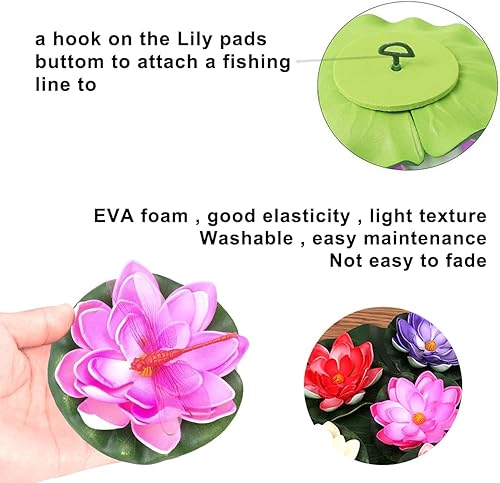 Miniatura 4 de MANMANTAO 29 almohadillas de lirio flotantes realistas de espuma flotante de agua artificial de lirio de agua con libélula artificial rana pez para