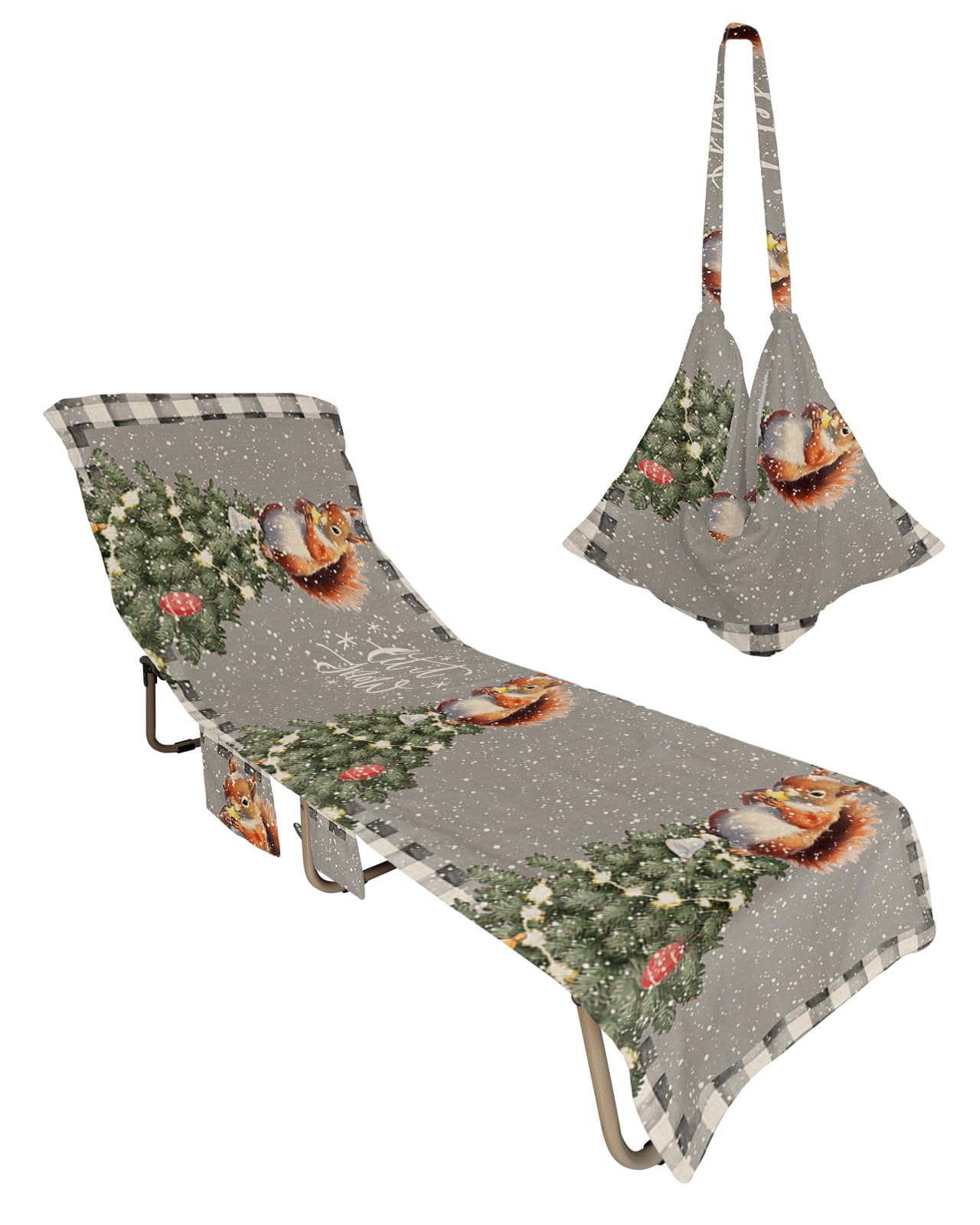 Christmas Buffalo Beach Chair Towel Covers for Chaise Lounge with Side Pocket, Soft Plush Pool Towels Cover for Patio Sunbathing Outdoor 29''x85'' Plaid Grey Snowflake Snowy Tree