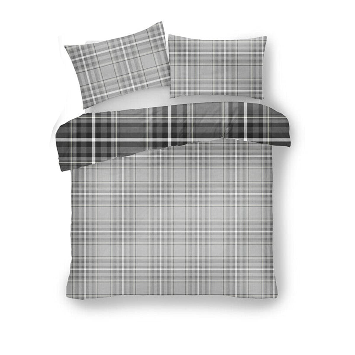 Lions Tartan Check Grey Reversible Ultra Soft Duvet Cover Sets Double Bed Size with Pillowcase, Reversible Plaid Quilt Covers - Image 7