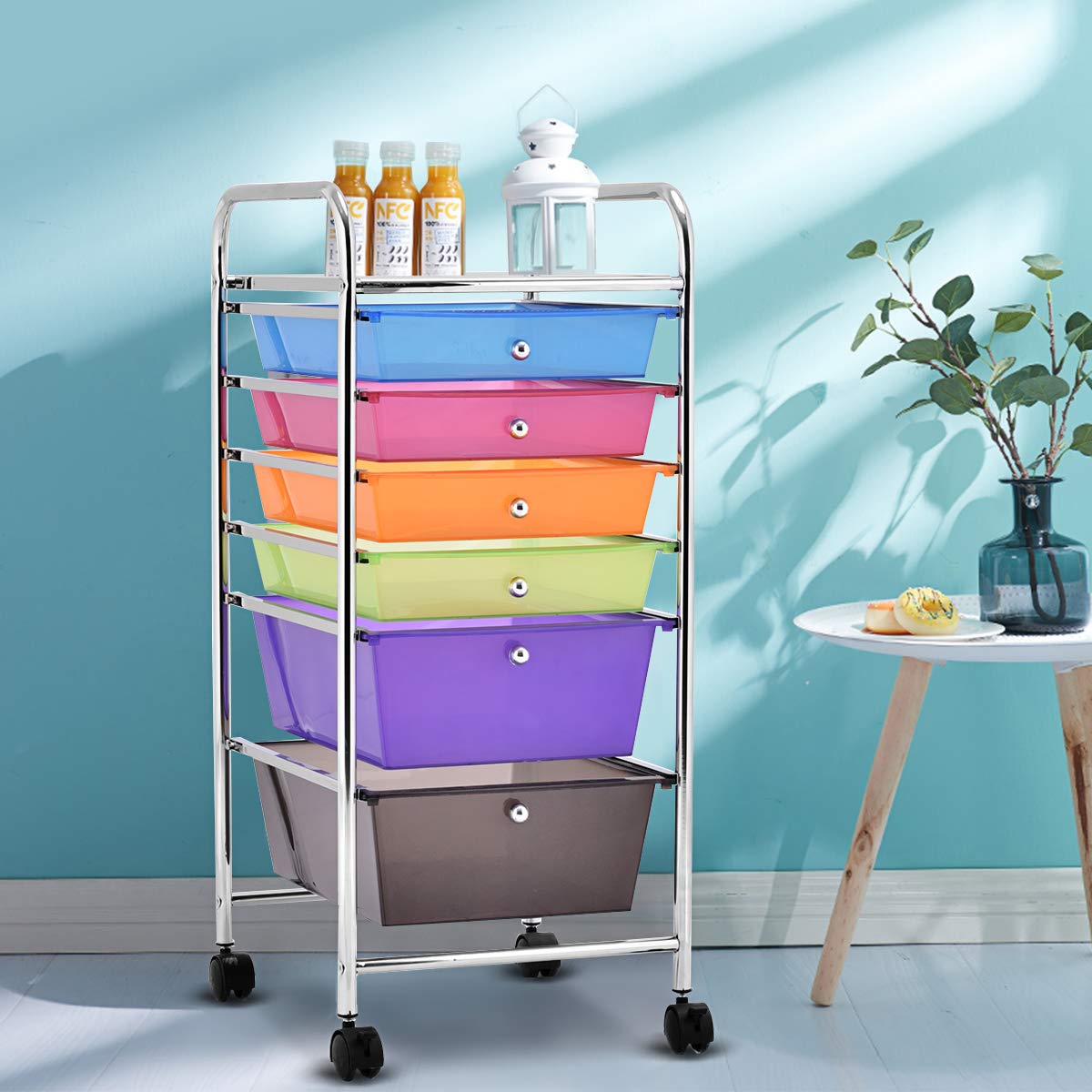 GOPLUS Rollwagen mit 6 Schubladen, Rollregal Farbig, Küchenwagen mit Rädern, Beistellwagen Haushaltswagen Rollcontainer Badrollwagen Badtrolley Badregal