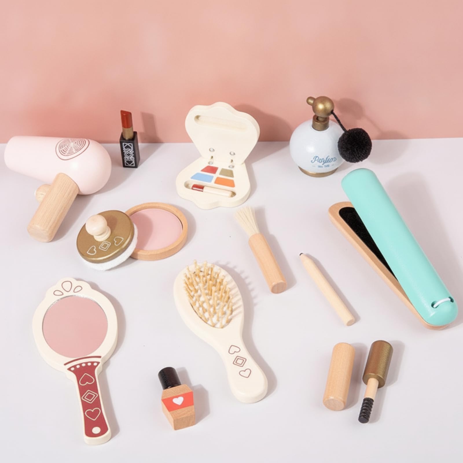 Borsa Trucco in Legno Giocattolo Compatto Valigetta Trucco Giocattolo con Accessori Completo Kit Parrucchiere Finto in Legno per Bambini
