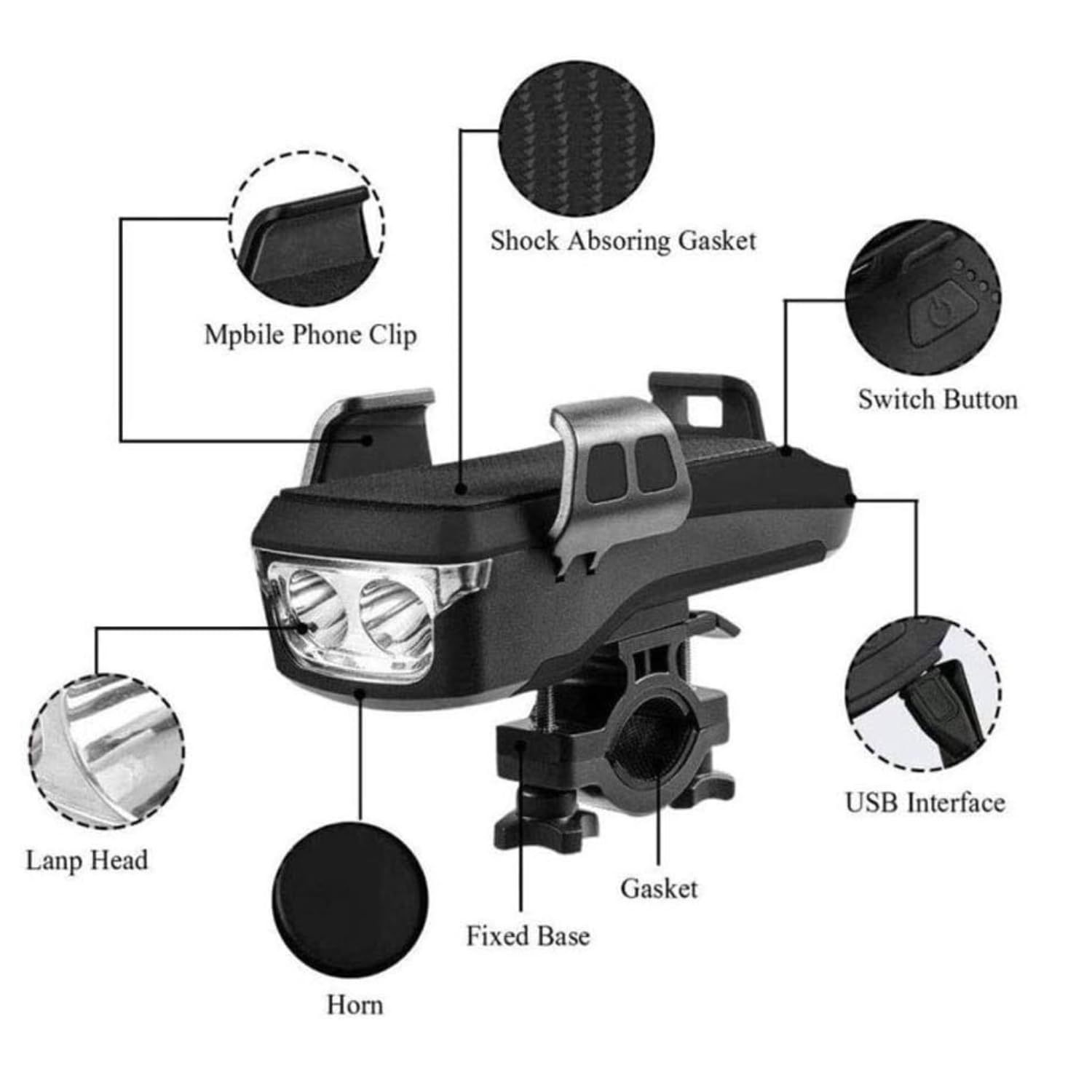 Support de téléphone portable pour vélo 4 en 1, phare de vélo