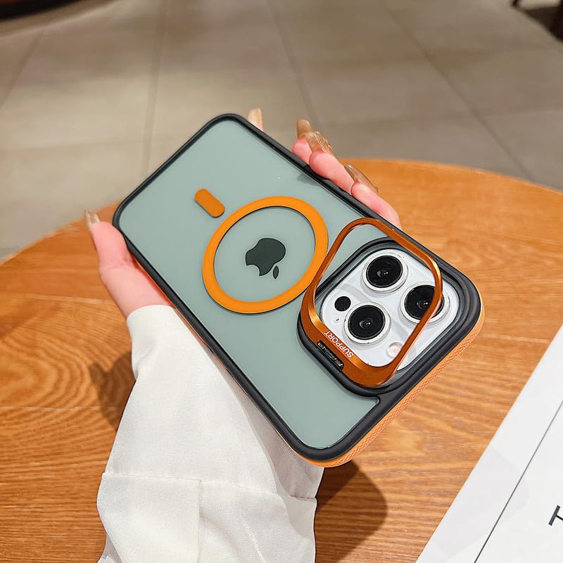 Image of LuxuryKase Smoked Clear MagSafe Case for iPhone 15 Pro | Metal Camera Guard Kickstand | Rugged Grip Edge | Hard PC Back + Soft TPU | Wireless Charging Support - Orange