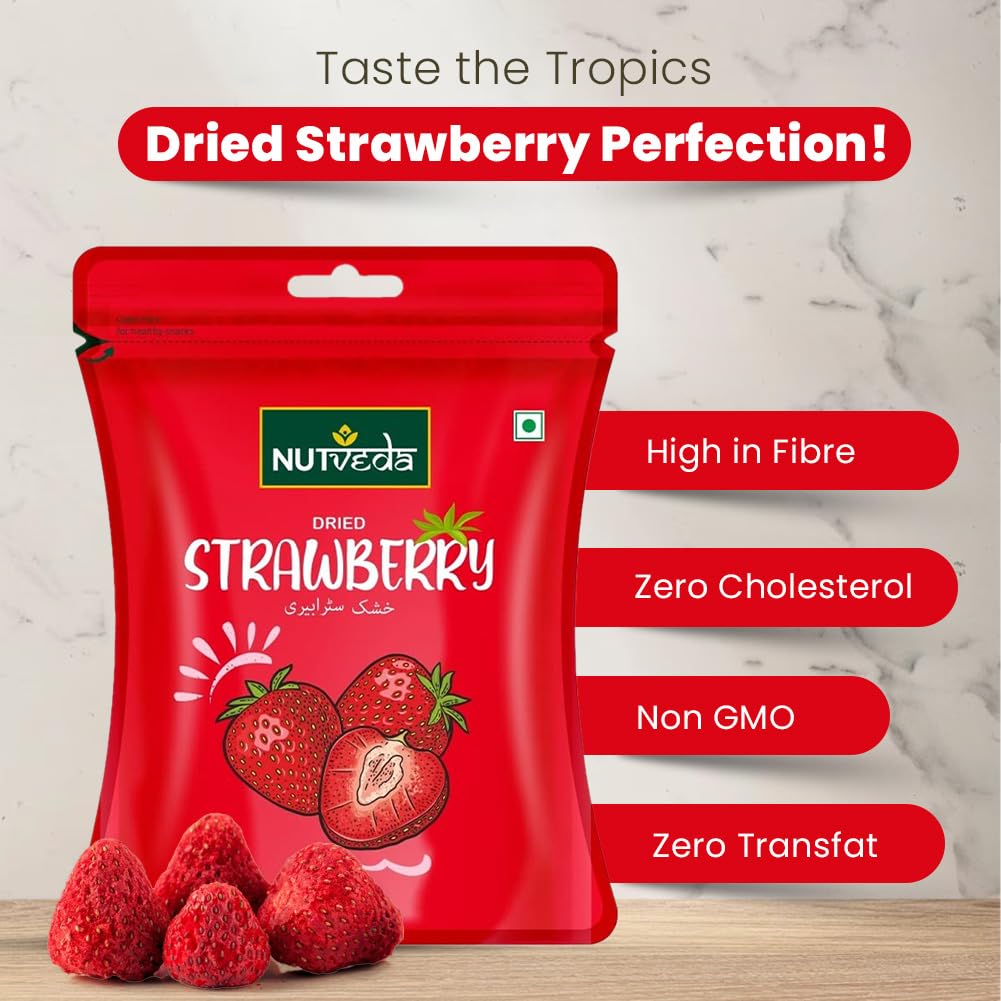 NUTVEDA Dried Strawberry Fruit 150g - Healhy Dry Fruit | High in Antioxidants, Vitamin C, Potassium | Healthy Snacks for Breakfast Morning Cereals, Oat Meals & Salad Garnishing - Image 4 thumbnail