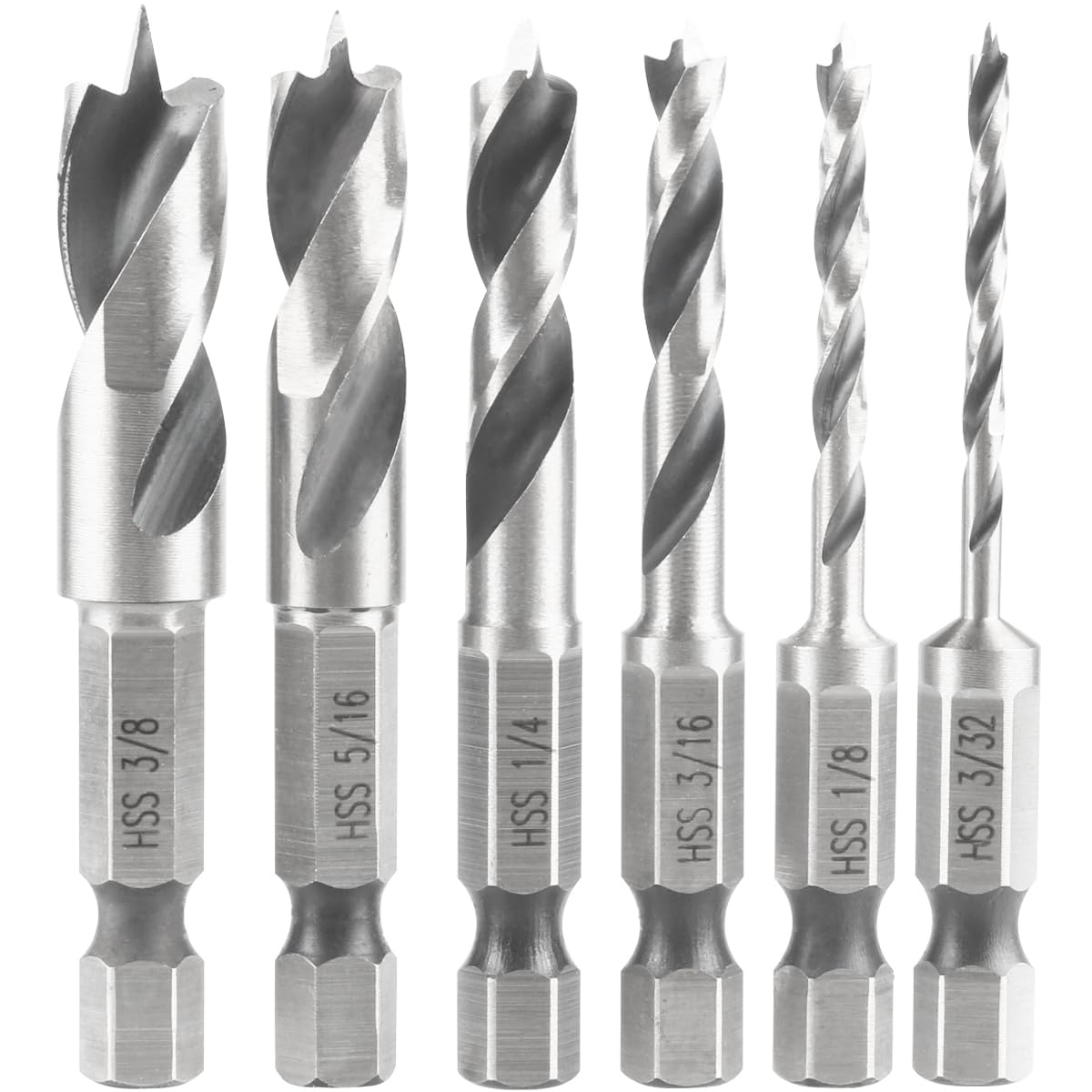 Wolfride 6PCS Brad Point Drill Bits 1/4-Inch Hex Shank